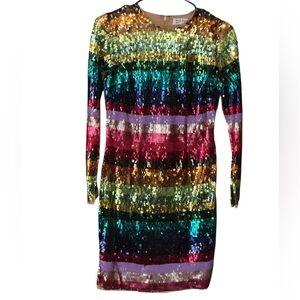 NWT Mac Duggal Women's Rainbow Striped Sequined Long Sleeve Mini Dress Size 4